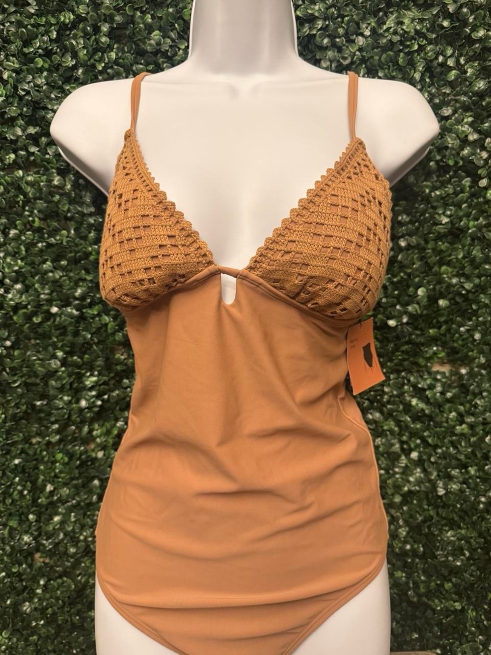 Shade & Shore Crochet-Top One-Piece Swimsuit in Camel
